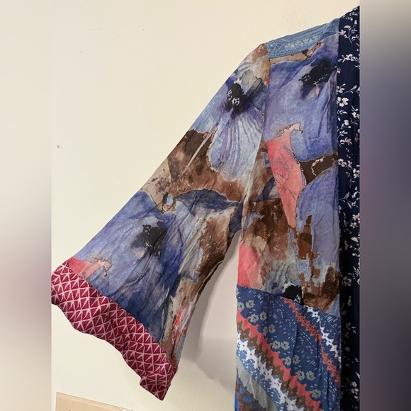 John Mark Navy Multicolor Open Front Patchwork Kimono, 3/4 Sleeves, size L EUC - Picture 3 of 8